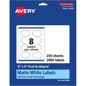 imageAvery Matte White Oval Scalloped Labels Sure Feed Technology 2quot x 3quot 200 Matte White Printable Labels2 000 Labels