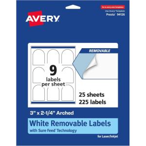 imageAvery Matte White Removable Arched Labels Sure Feed Technology PrinttoTheEdge 3quot x 225quot 135 Removable Labels LaserInkjet Printable225 labels