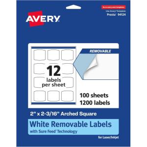 imageAvery Matte White Removable Arched Square Labels Sure Feed Technology PrinttoTheEdge 2quot x 2316quot 180 Removable Labels LaserInkjet Printable1 200 labels