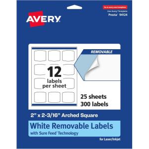 imageAvery Matte White Removable Arched Square Labels Sure Feed Technology PrinttoTheEdge 2quot x 2316quot 180 Removable Labels LaserInkjet Printable300 labels