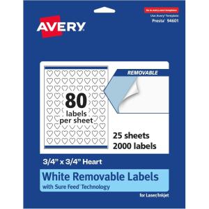 imageAvery Matte White Removable Heart Labels Sure Feed Technology PrinttoTheEdge 075quot x 075quot 1200 Removable Labels LaserInkjet Printable2 000 labels