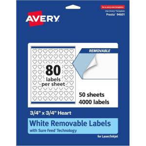imageAvery Matte White Removable Heart Labels Sure Feed Technology PrinttoTheEdge 075quot x 075quot 1200 Removable Labels LaserInkjet Printable4 000 labels