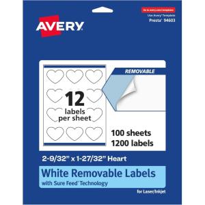 imageAvery Matte White Removable Heart Labels Sure Feed Technology PrinttoTheEdge 2932quot x 12732quot 180 Removable Labels LaserInkjet Printable1 200 labels