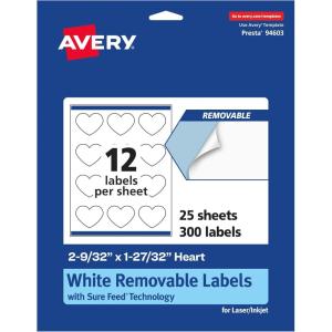 imageAvery Matte White Removable Heart Labels Sure Feed Technology PrinttoTheEdge 2932quot x 12732quot 180 Removable Labels LaserInkjet Printable300 labels
