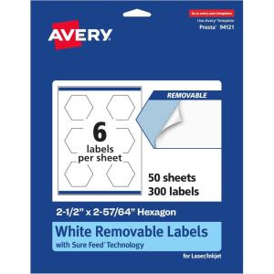 imageAvery Matte White Removable Hexagon Labels Sure Feed Technology PrinttoTheEdge 212quot x 25764quot 90 Removable Labels LaserInkjet Printable300 labels