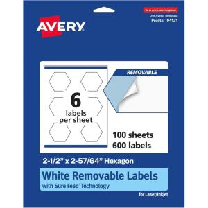 imageAvery Matte White Removable Hexagon Labels Sure Feed Technology PrinttoTheEdge 212quot x 25764quot 90 Removable Labels LaserInkjet Printable600 labels