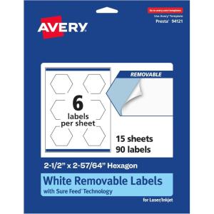 imageAvery Matte White Removable Hexagon Labels Sure Feed Technology PrinttoTheEdge 212quot x 25764quot 90 Removable Labels LaserInkjet Printable90 labels