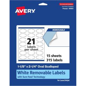 imageAvery Matte White Removable Oval Scalloped Labels Sure Feed Technology PrinttoTheEdge 118quot x 214quot 315 Removable Labels LaserInkjet Printable315 labels