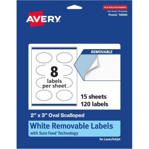 imageAvery Matte White Removable Oval Scalloped Labels Sure Feed Technology PrinttoTheEdge 2quot x 3quot 120 Removable Labels LaserInkjet Printable120 labels