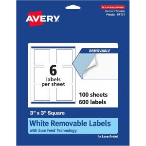 imageAvery Matte White Removable Square Labels Sure Feed Technology PrinttoTheEdge 3quot x 3quot 150 Removable Labels LaserInkjet Printable600 labels