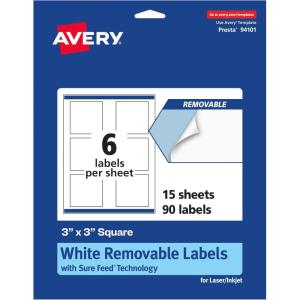 imageAvery Matte White Removable Square Labels Sure Feed Technology PrinttoTheEdge 3quot x 3quot 150 Removable Labels LaserInkjet Printable90 labels