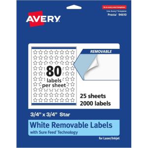 imageAvery Matte White Removable Star Labels Sure Feed Technology PrinttoTheEdge 075quot x 075quot 1200 Removable Labels LaserInkjet Printable2 000 labels
