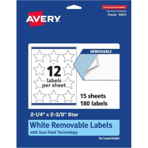 imageAvery Matte White Removable Star Labels Sure Feed Technology PrinttoTheEdge 214quot x 238quot 180 Removable Labels LaserInkjet Printable180 labels