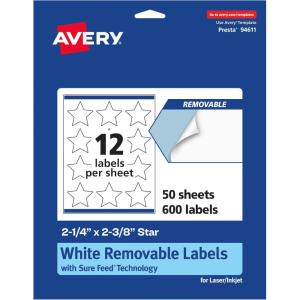 imageAvery Matte White Removable Star Labels Sure Feed Technology PrinttoTheEdge 214quot x 238quot 180 Removable Labels LaserInkjet Printable600 labels