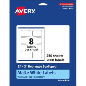 imageAvery Matte White Scalloped Rectangle Labels Sure Feed Technology 2quot x 3quot 200 Matte White Printable Labels2 000 Labels