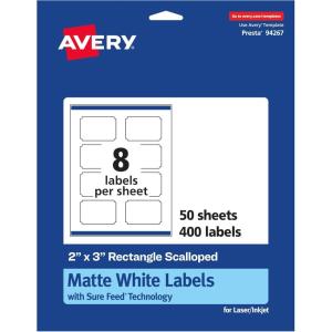imageAvery Matte White Scalloped Rectangle Labels Sure Feed Technology 2quot x 3quot 200 Matte White Printable Labels400 Labels