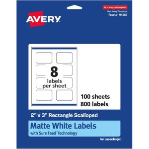 imageAvery Matte White Scalloped Rectangle Labels Sure Feed Technology 2quot x 3quot 200 Matte White Printable Labels800 Labels