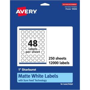 imageAvery Matte White Starburst Labels Sure Feed Technology 1quot 1200 Matte White Printable Labels12 000 Labels