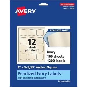 imageAvery Pearlized Ivory Arched Square Labels Sure Feed Technology PrinttoTheEdge 2quot x 2316quot 120 Pearlized Ivory Labels LaserInkjet Printable1 200 labels