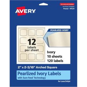 imageAvery Pearlized Ivory Arched Square Labels Sure Feed Technology PrinttoTheEdge 2quot x 2316quot 120 Pearlized Ivory Labels LaserInkjet Printable120 labels
