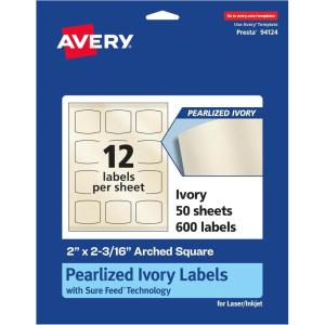 imageAvery Pearlized Ivory Arched Square Labels Sure Feed Technology PrinttoTheEdge 2quot x 2316quot 120 Pearlized Ivory Labels LaserInkjet Printable600 labels