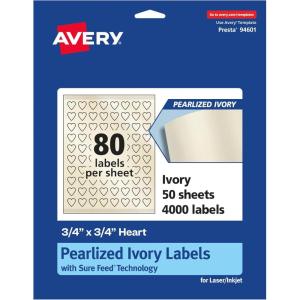 imageAvery Pearlized Ivory Heart Labels Sure Feed Technology PrinttoTheEdge 075quot x 075quot 800 Pearlized Ivory Labels LaserInkjet Printable4 000 labels