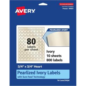 imageAvery Pearlized Ivory Heart Labels Sure Feed Technology PrinttoTheEdge 075quot x 075quot 800 Pearlized Ivory Labels LaserInkjet Printable800 labels