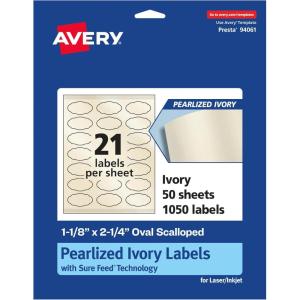 imageAvery Pearlized Ivory Oval Scalloped Labels Sure Feed Technology PrinttoTheEdge 118quot x 214quot 210 Pearlized Ivory Labels LaserInkjet Printable1 050 labels