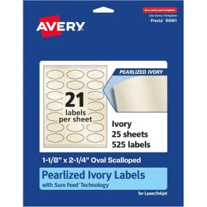 imageAvery Pearlized Ivory Oval Scalloped Labels Sure Feed Technology PrinttoTheEdge 118quot x 214quot 210 Pearlized Ivory Labels LaserInkjet Printable525 labels