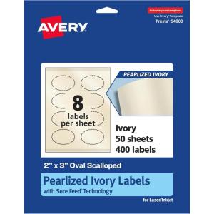 imageAvery Pearlized Ivory Oval Scalloped Labels Sure Feed Technology PrinttoTheEdge 2quot x 3quot 80 Pearlized Ivory Labels LaserInkjet Printable400 labels