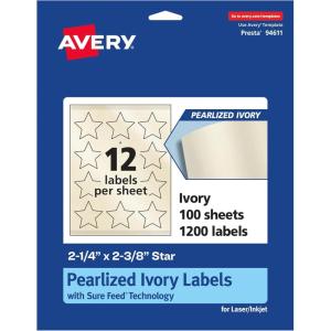 imageAvery Pearlized Ivory Star Labels Sure Feed Technology PrinttoTheEdge 214quot x 238quot 120 Pearlized Ivory Labels LaserInkjet Printable1 200 labels
