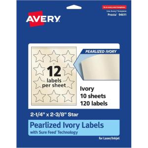 imageAvery Pearlized Ivory Star Labels Sure Feed Technology PrinttoTheEdge 214quot x 238quot 120 Pearlized Ivory Labels LaserInkjet Printable120 labels