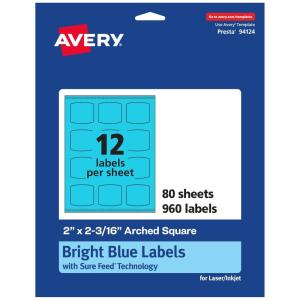 imageAvery Printable Arched Square Labels with Sure Feed Technology 2quot x 2316quot Bright Blue PrinttoTheEdge LaserInkjet 240 Total960 labels