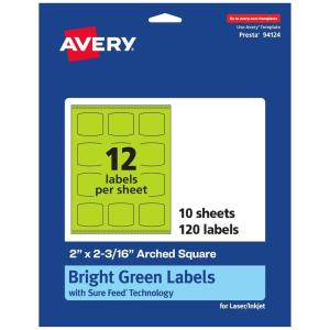 imageAvery Printable Arched Square Labels with Sure Feed Technology 2quot x 2316quot Bright Green PrinttoTheEdge LaserInkjet 240 Total120 labels