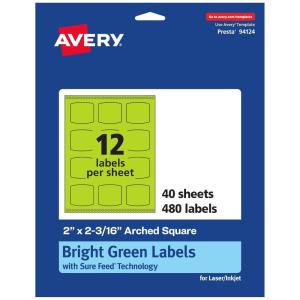 imageAvery Printable Arched Square Labels with Sure Feed Technology 2quot x 2316quot Bright Green PrinttoTheEdge LaserInkjet 240 Total480 labels
