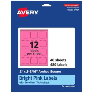 imageAvery Printable Arched Square Labels with Sure Feed Technology 2quot x 2316quot Bright Pink PrinttoTheEdge LaserInkjet 240 Total480 labels