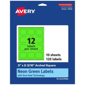 imageAvery Printable Arched Square Labels with Sure Feed Technology 2quot x 2316quot Neon Green PrinttoTheEdge LaserInkjet 240 Total120 labels