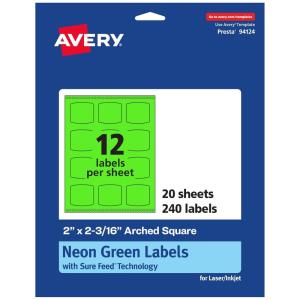 imageAvery Printable Arched Square Labels with Sure Feed Technology 2quot x 2316quot Neon Green PrinttoTheEdge LaserInkjet 240 Total240 labels