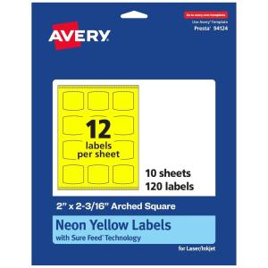 imageAvery Printable Arched Square Labels with Sure Feed Technology 2quot x 2316quot Neon Yellow PrinttoTheEdge LaserInkjet 240 Total120 labels