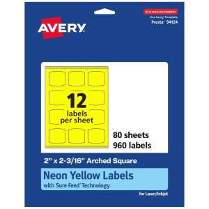 imageAvery Printable Arched Square Labels with Sure Feed Technology 2quot x 2316quot Neon Yellow PrinttoTheEdge LaserInkjet 240 Total960 labels