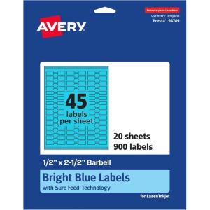 imageAvery Printable Barbell Labels Sure Feed Technology 12quot x 212quot Bright Blue Labels LaserInkjet Printable 450 Total Great for Jewelry and Cords900 labels