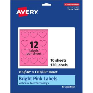 imageAvery Printable Heart Labels Sure Feed Technology 2932quot x 12732quot Bright Pink Labels PrinttoTheEdge LaserInkjet Printable 120 Total Great for Mailing Seals and Packaging120 labels