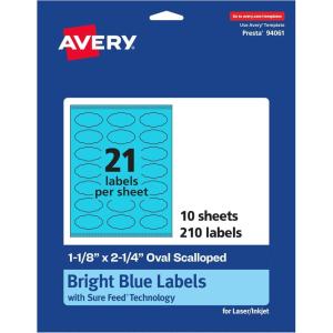imageAvery Printable Oval Scalloped Labels Sure Feed Technology 118quot x 214quot Bright Blue Labels PrinttoTheEdge LaserInkjet Printable 1680 Total Great for Candles and Jars210 labels