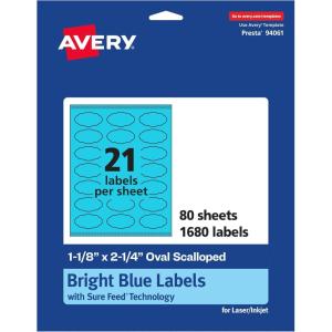 imageAvery Printable Oval Scalloped Labels Sure Feed Technology 118quot x 214quot Bright Blue Labels PrinttoTheEdge LaserInkjet Printable 1680 Total Great for Candles and Jars1 680 labels