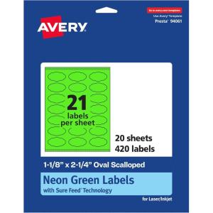 imageAvery Printable Oval Scalloped Labels Sure Feed Technology 118quot x 214quot Neon Green Labels PrinttoTheEdge LaserInkjet Printable 210 Total Great for Candles and Jars420 labels