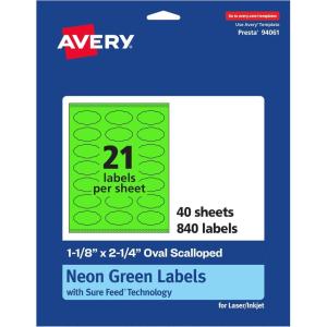 imageAvery Printable Oval Scalloped Labels Sure Feed Technology 118quot x 214quot Neon Green Labels PrinttoTheEdge LaserInkjet Printable 210 Total Great for Candles and Jars840 labels