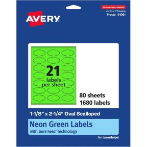 imageAvery Printable Oval Scalloped Labels Sure Feed Technology 118quot x 214quot Neon Green Labels PrinttoTheEdge LaserInkjet Printable 210 Total Great for Candles and Jars1 680 labels
