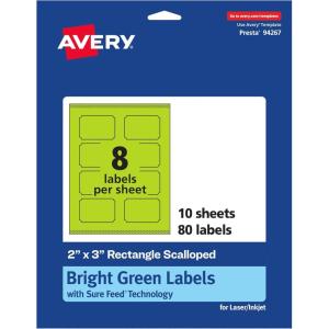 imageAvery Printable Rectangle Scalloped Labels Sure Feed Technology 2quot x 3quot Bright Green Labels PrinttoTheEdge LaserInkjet Printable 80 Total Great for Mailing and Candles80 labels