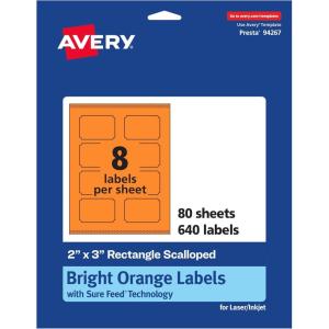 imageAvery Printable Rectangle Scalloped Labels Sure Feed Technology 2quot x 3quot Bright Orange Labels PrinttoTheEdge LaserInkjet Printable 80 Total Great for Mailing and Candles640 labels
