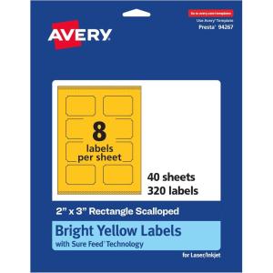 imageAvery Printable Rectangle Scalloped Labels Sure Feed Technology 2quot x 3quot Bright Yellow Labels PrinttoTheEdge LaserInkjet Printable 80 Total Great for Mailing and Candles320 labels